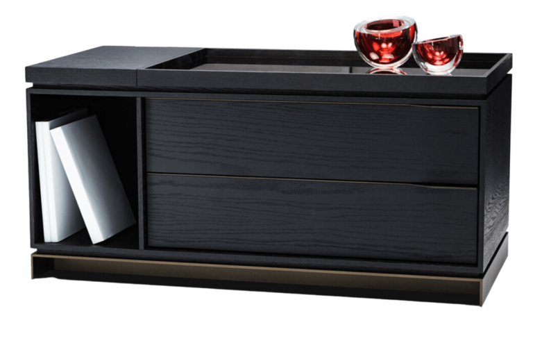 Dark wood York Nightstand with two drawers, open cubby, and removable tray top