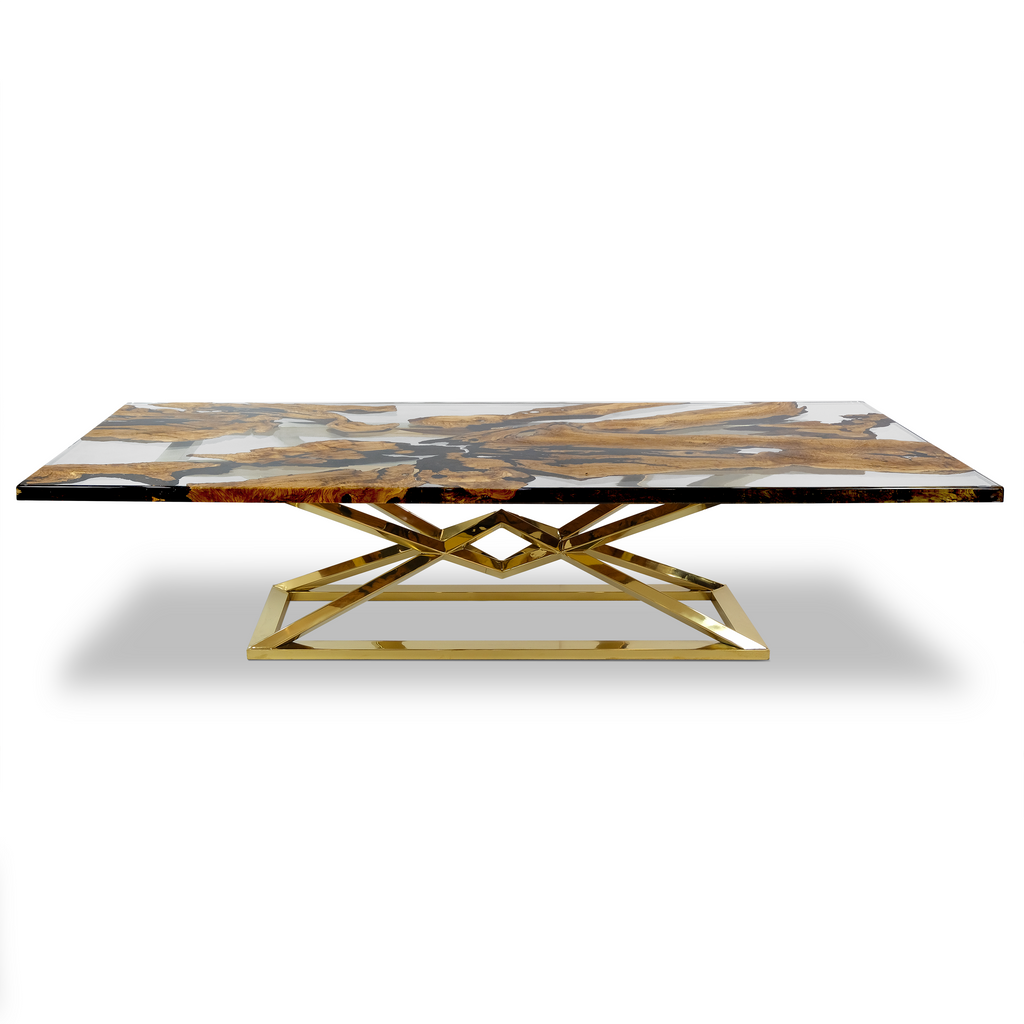 arditi collection, abruzzo olive dining table, olive wood dining table, resin dining table, cornered rectangular dining table, polished stainless steel base, ghost white resin, glossy clear resin, brass (PVD titanium coated), modern, stylish, versatile, home decor