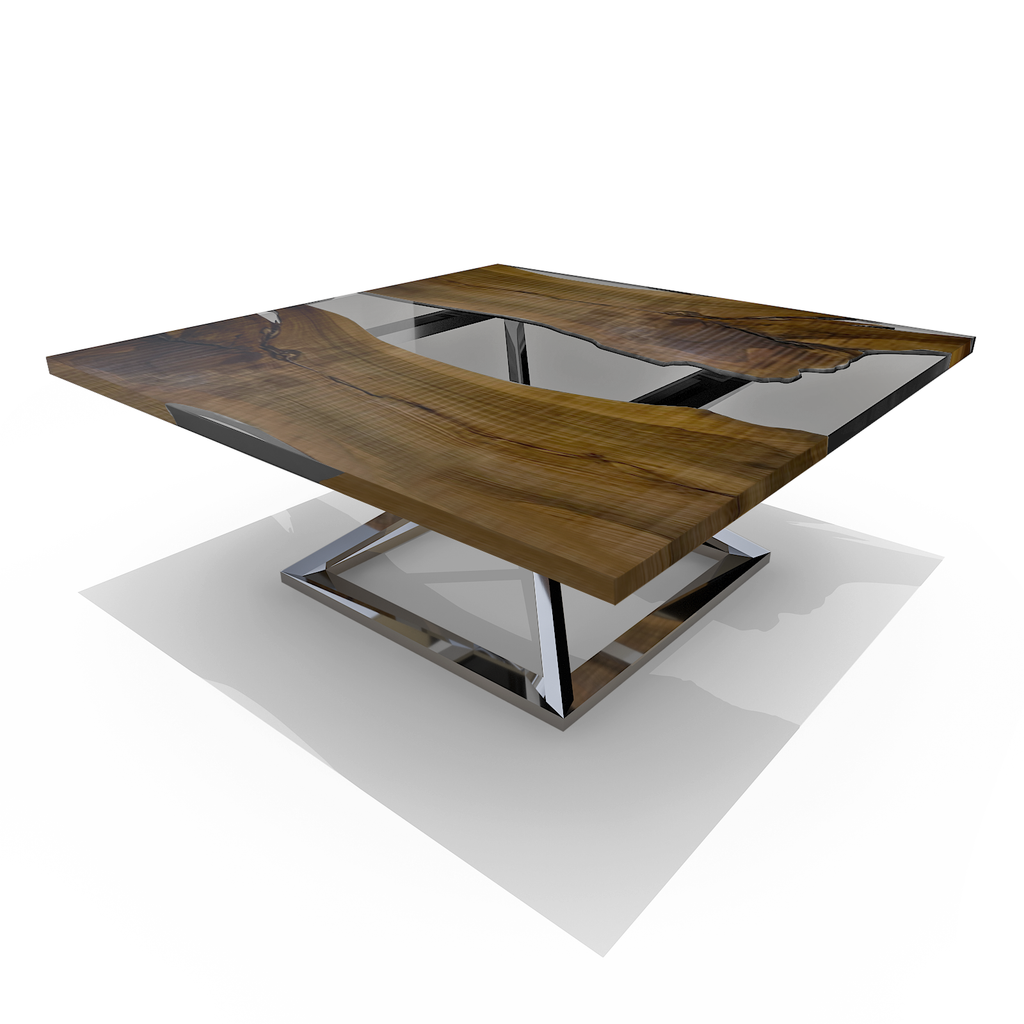 arditi collection, abruzzo square walnut dining table, walnut wood dining table, resin dining table, cornered square dining table, polished chrome stainless steel base, ghost white resin, glossy clear resin, chrome, modern, stylish, versatile, home decor