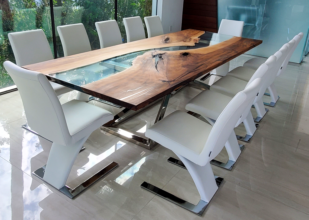 Abruzzo Walnut Dining Table with live-edge wood, resin river, and chrome bases