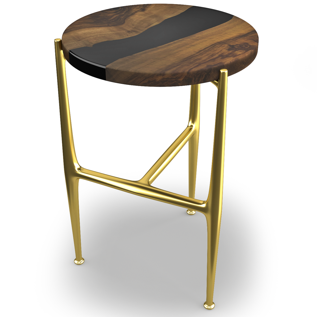 akhiroe walnut wood end table, walnut wood end table, wood & resin end table, jet black resin, brass (PVD titanium coated) base, modern furniture, home decor, accent table
