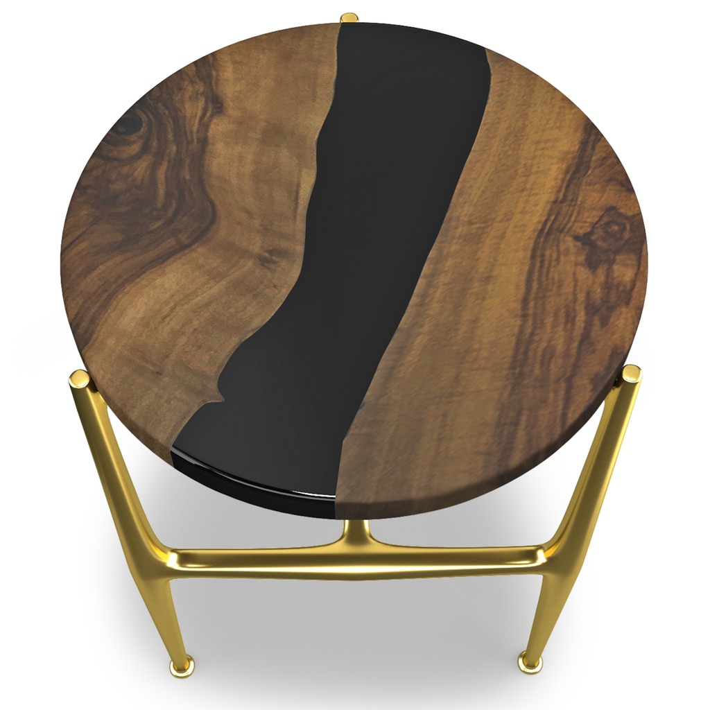 Akhiroe Walnut Wood End Table with round wood top, black resin accents, and brass legs