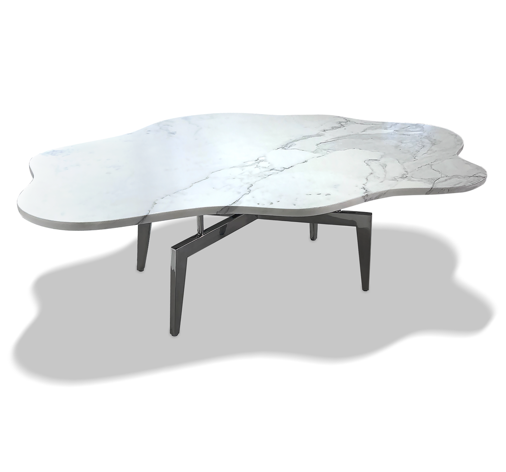 akragas marble coffee table, marble coffee table, free form marble top, chrome stainless steel base, modern furniture, home decor, coffee table