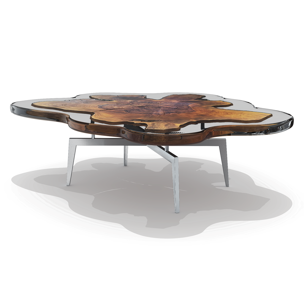 akragas walnut wood coffee table, walnut wood coffee table, wood & resin coffee table, ghost white resin, chrome stainless steel base, modern furniture, home decor, coffee table