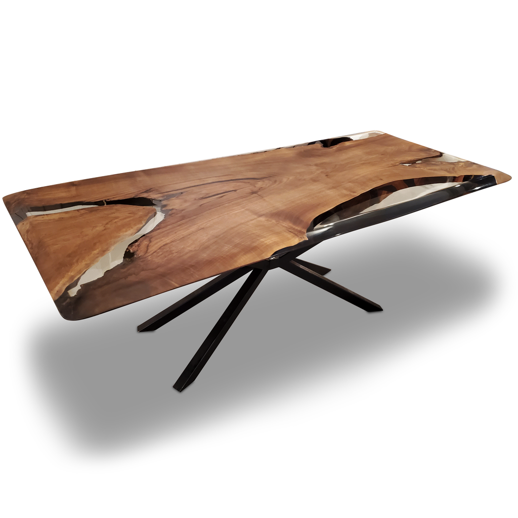 alcantara walnut wood dining table, walnut wood dining table, wood & resin dining table, ghost white resin, black powder coated steel base, modern furniture, home decor, dining table