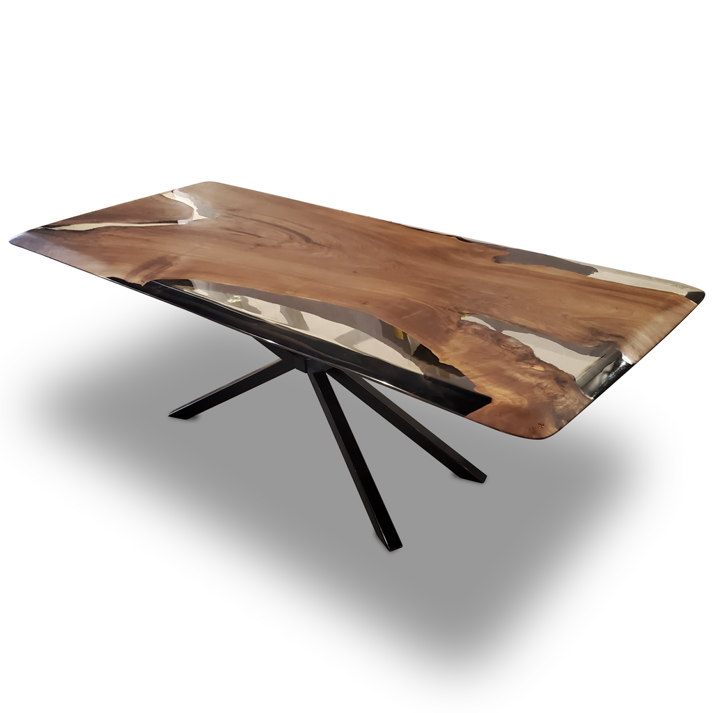 Alcantara Walnut Wood Dining Table with live-edge walnut wood and clear resin top