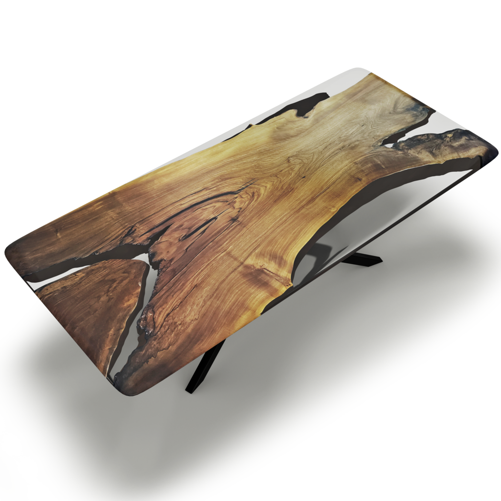 Alcantara Walnut Wood Dining Table with Live Edge Wood and Resin River Design