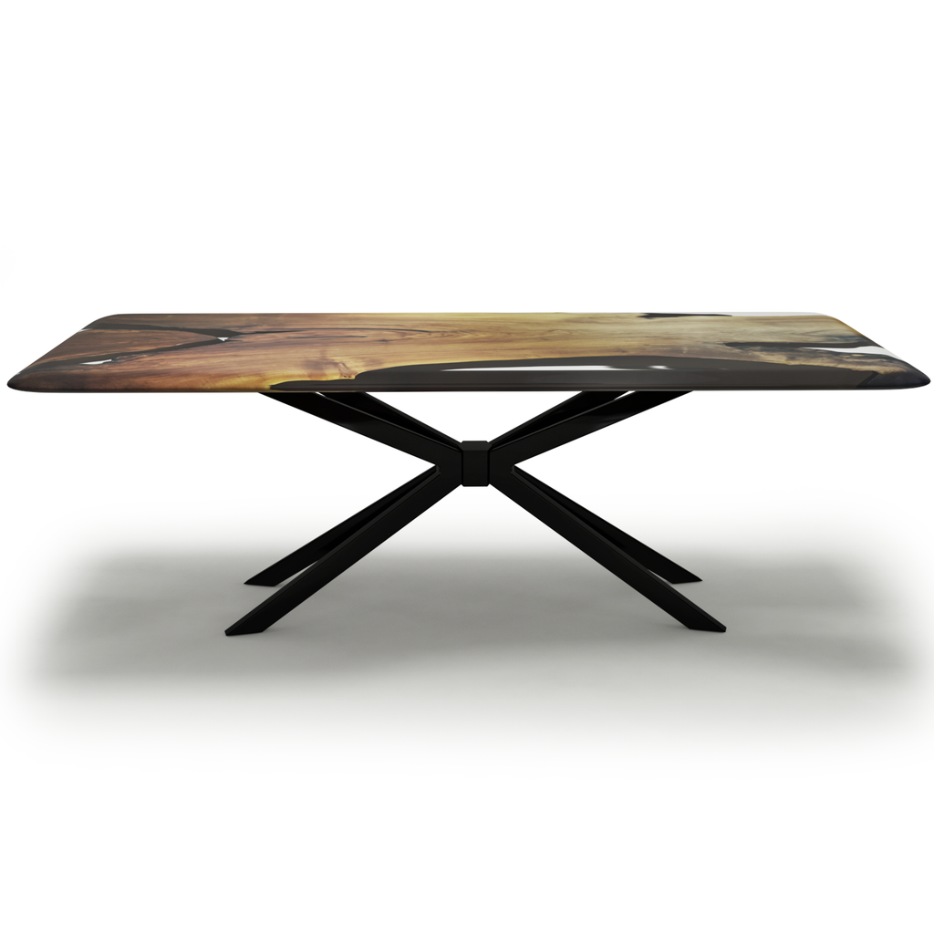 Alcantara Walnut Wood Dining Table with colorful patterned top and black X-shaped base