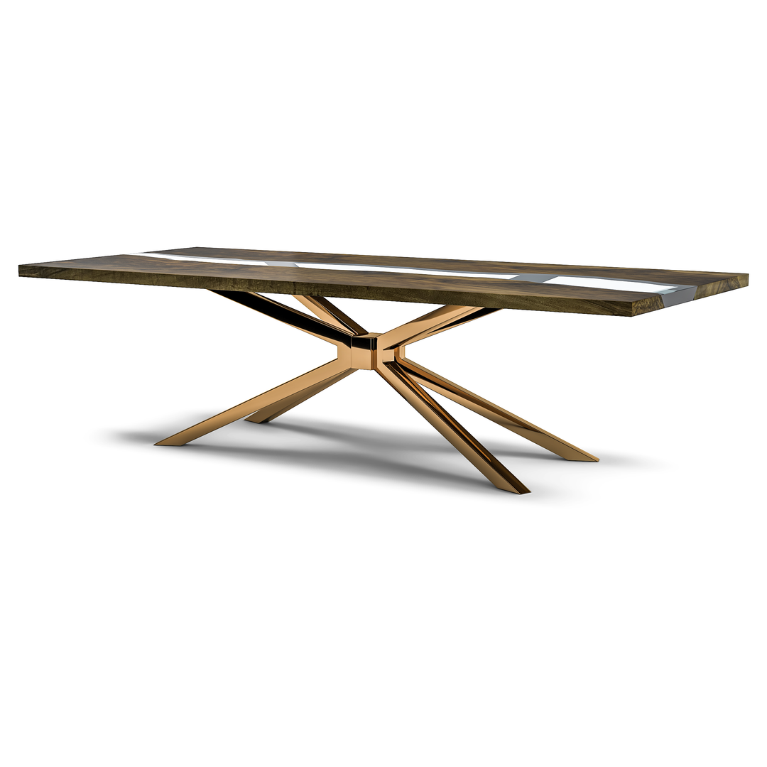 Modern Alcantara Walnut Wood River Dining Table with dark wooden top and gold starburst base