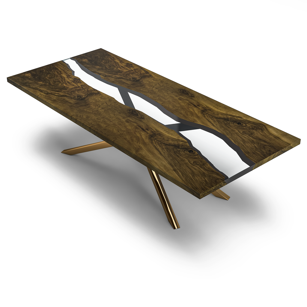 Alcantara Walnut Wood River Dining Table with dark walnut wood slabs and gold metal legs