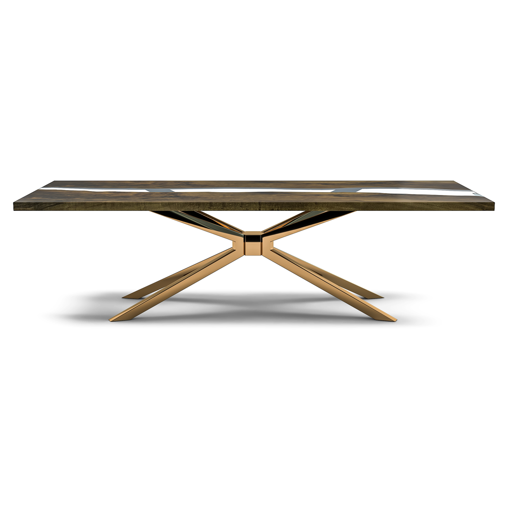 Alcantara Walnut Wood River Dining Table with dark wood top and bronze geometric base