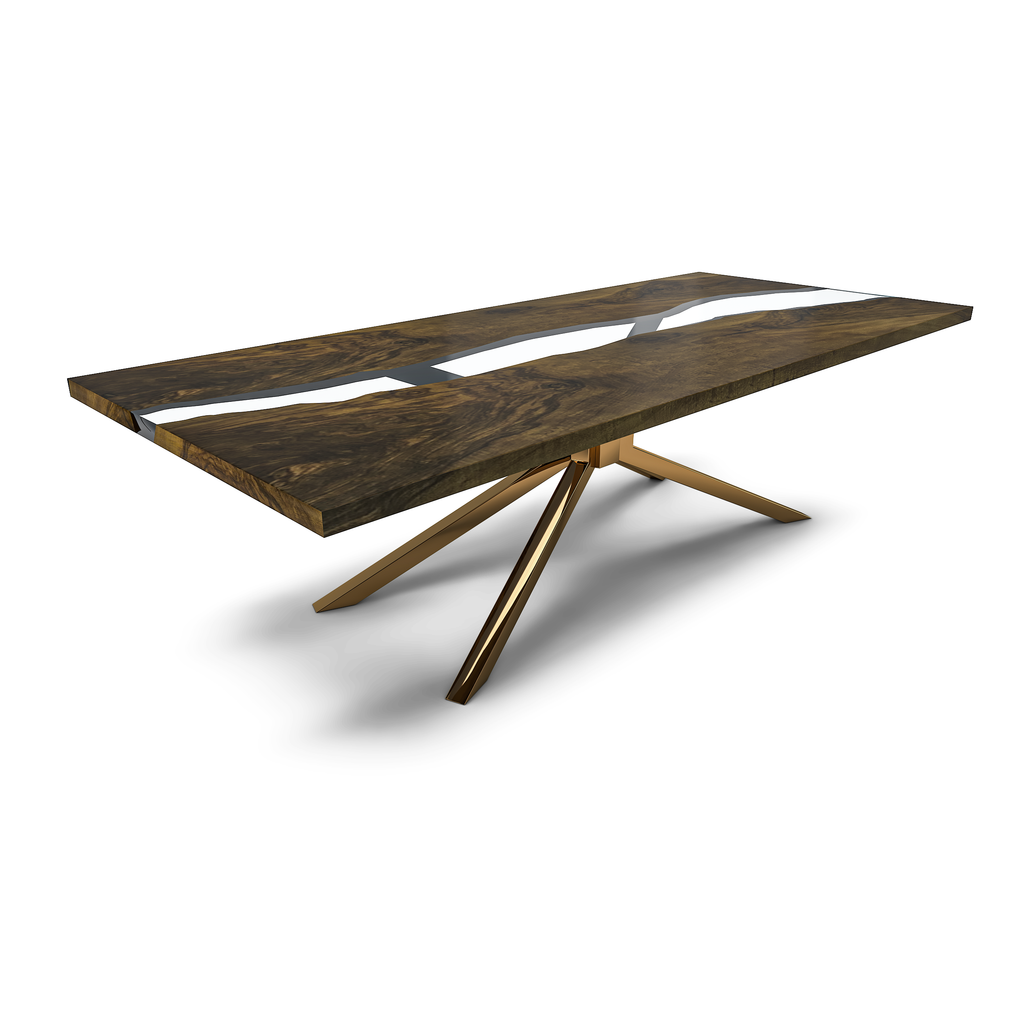 Alcantara Walnut Wood River Dining Table with white resin river and gold metal base