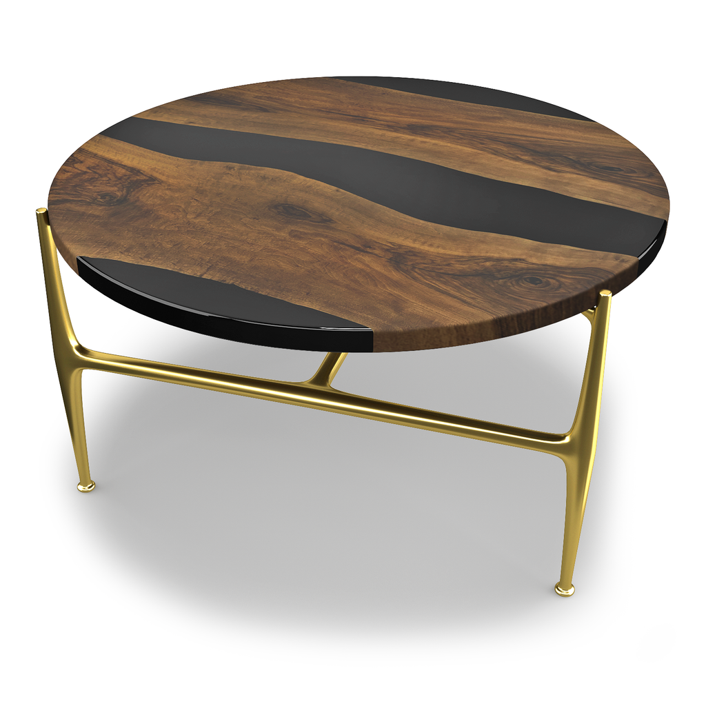 althaia walnut coffee table, walnut coffee table, wood & resin coffee table, jet black resin, brass (PVD titanium coated) base, modern furniture, home decor, coffee table