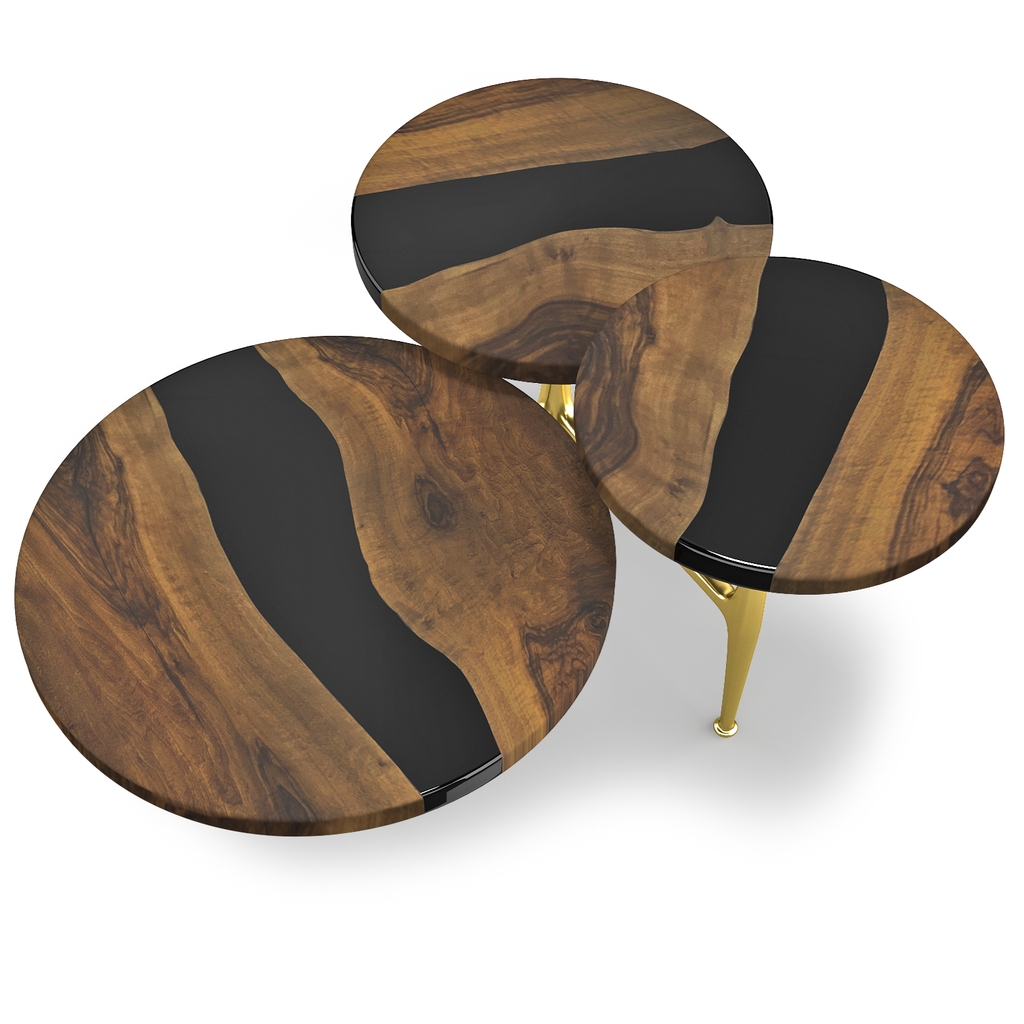 Althaia Walnut Wood Triple Coffee Table set with nesting round tables, black resin tops, gold legs