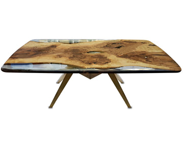 amathus ash wood dining table, ash wood dining table, wood & resin dining table, ghost white resin, antique bronze steel base, modern furniture, home decor, dining table