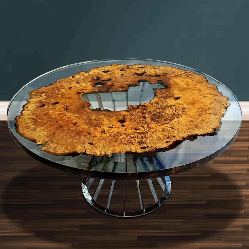 Amiata Ash Wood Round Dining Table with glass top and natural wood slab base