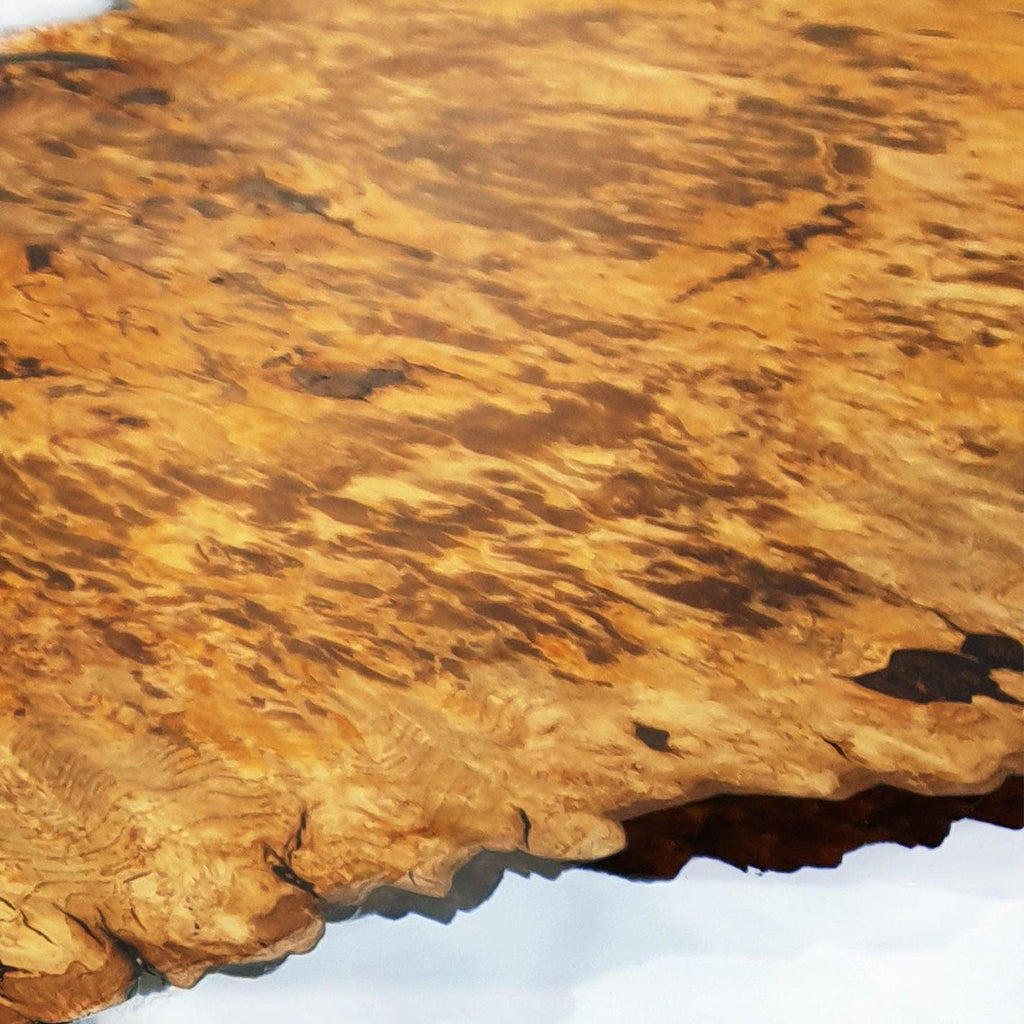 Live-edge Amiata Ash Wood round dining table with natural irregular edge and burled grain