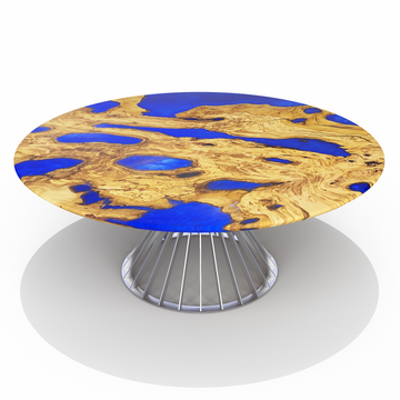  amiata olive wood pearl blue round dining table, luxury round dining table, blue resin dining table, olive wood dining table, round dining table, dining table with resin, dining table with blue resin