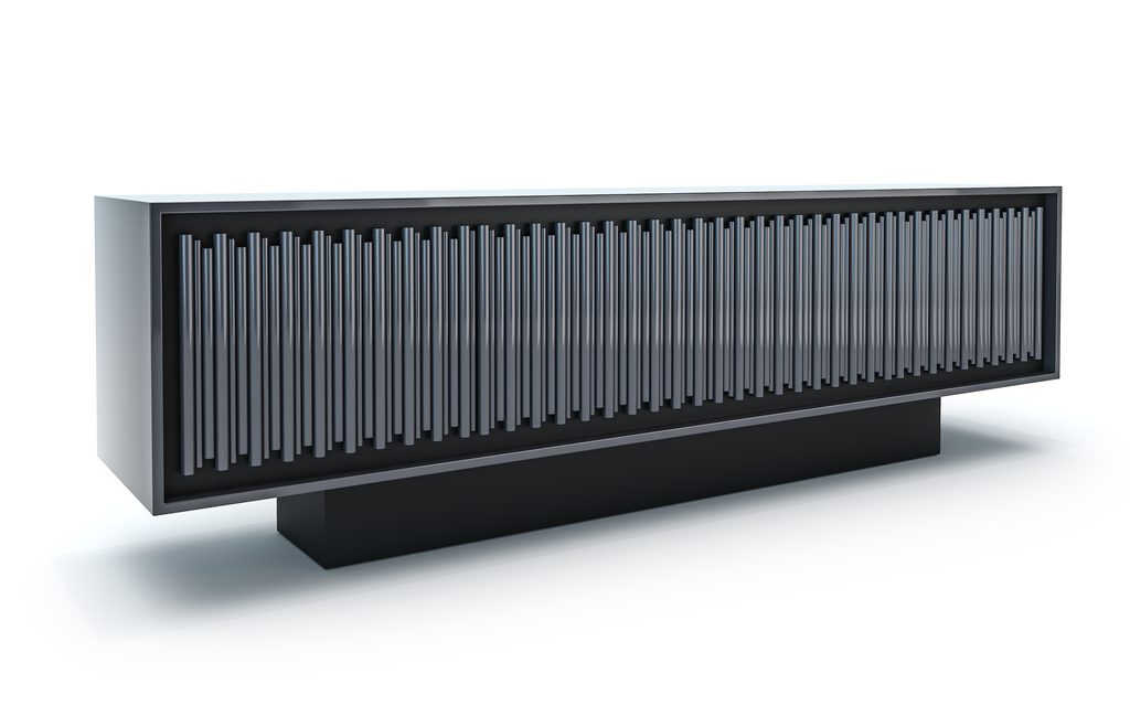 Matte black lacquered Agathon Credenza with black lacquered wood and cylindrical slat front