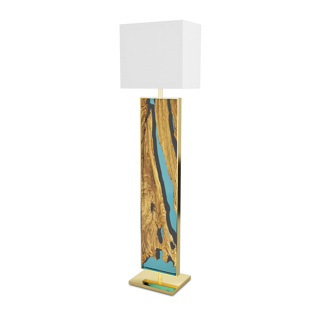 aquamarine menthe floor lamp, unique floor lamp, stunning floor lamp, olive wood floor lamp, resin floor lamp, aquamarine floor lamp, polished brass floor lamp, modern floor lamp