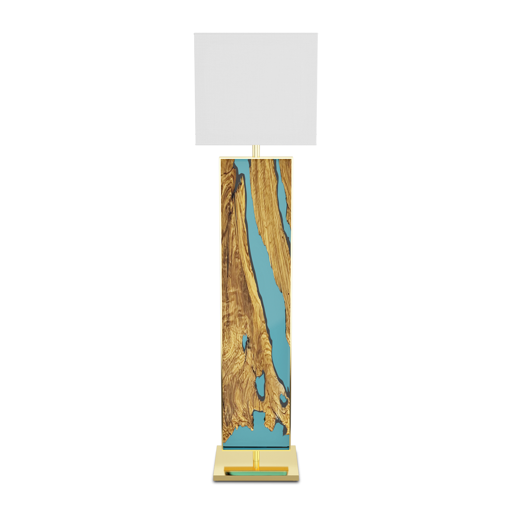 Aquamarine Menthe Floor Lamp with body framed wooden base and white lampshade