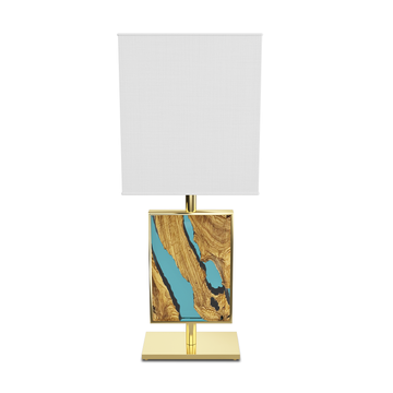 aquamarine menthe table lamp, unique table lamp, stunning table lamp, olive wood table lamp, resin table lamp, aquamarine table lamp, polished brass table lamp, modern table lamp