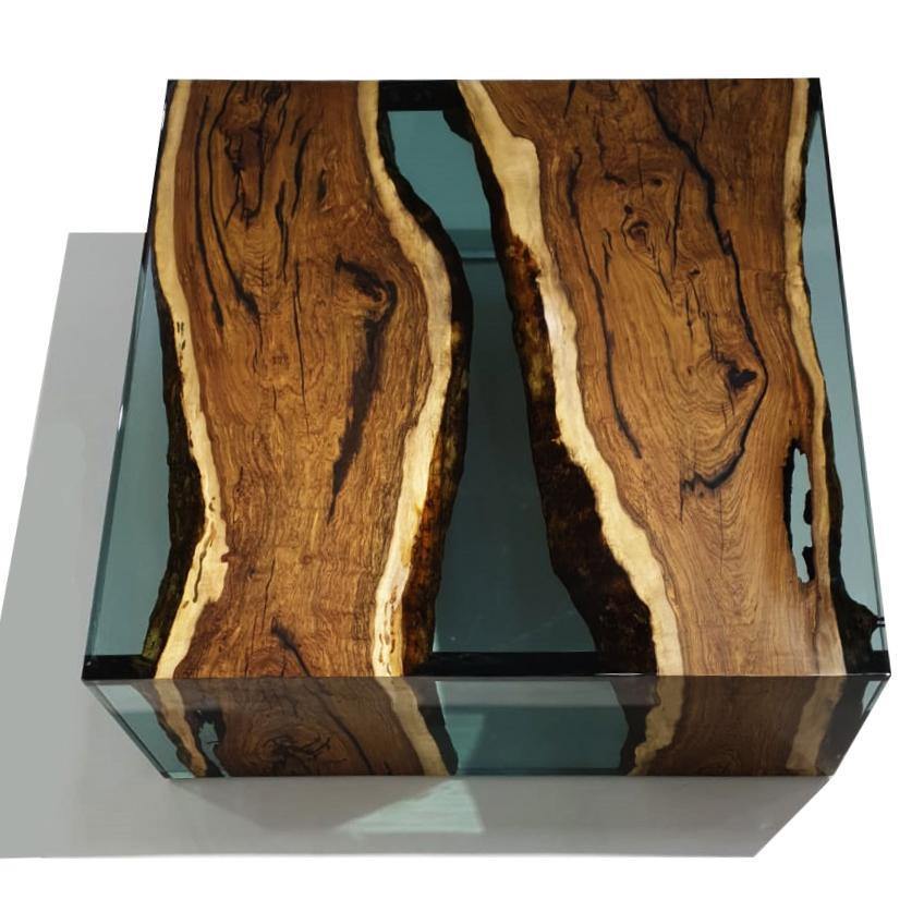 Aquamarine Walnut Wood Waterfall Coffee Table with live-edge walnut wood slabs and blue resin