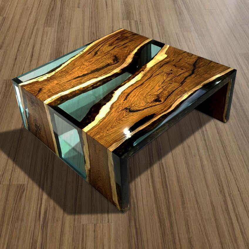 Aquamarine Walnut Wood Waterfall Coffee Table with polished walnut wood slabs and blue resin