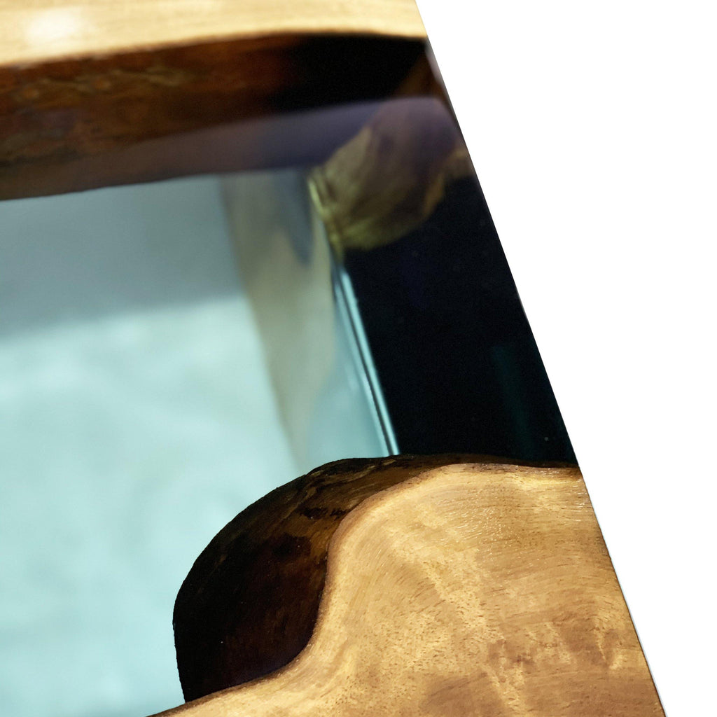 Aquamarine Walnut Wood Waterfall Coffee Table with a glass top showcasing walnut wood waterfall design