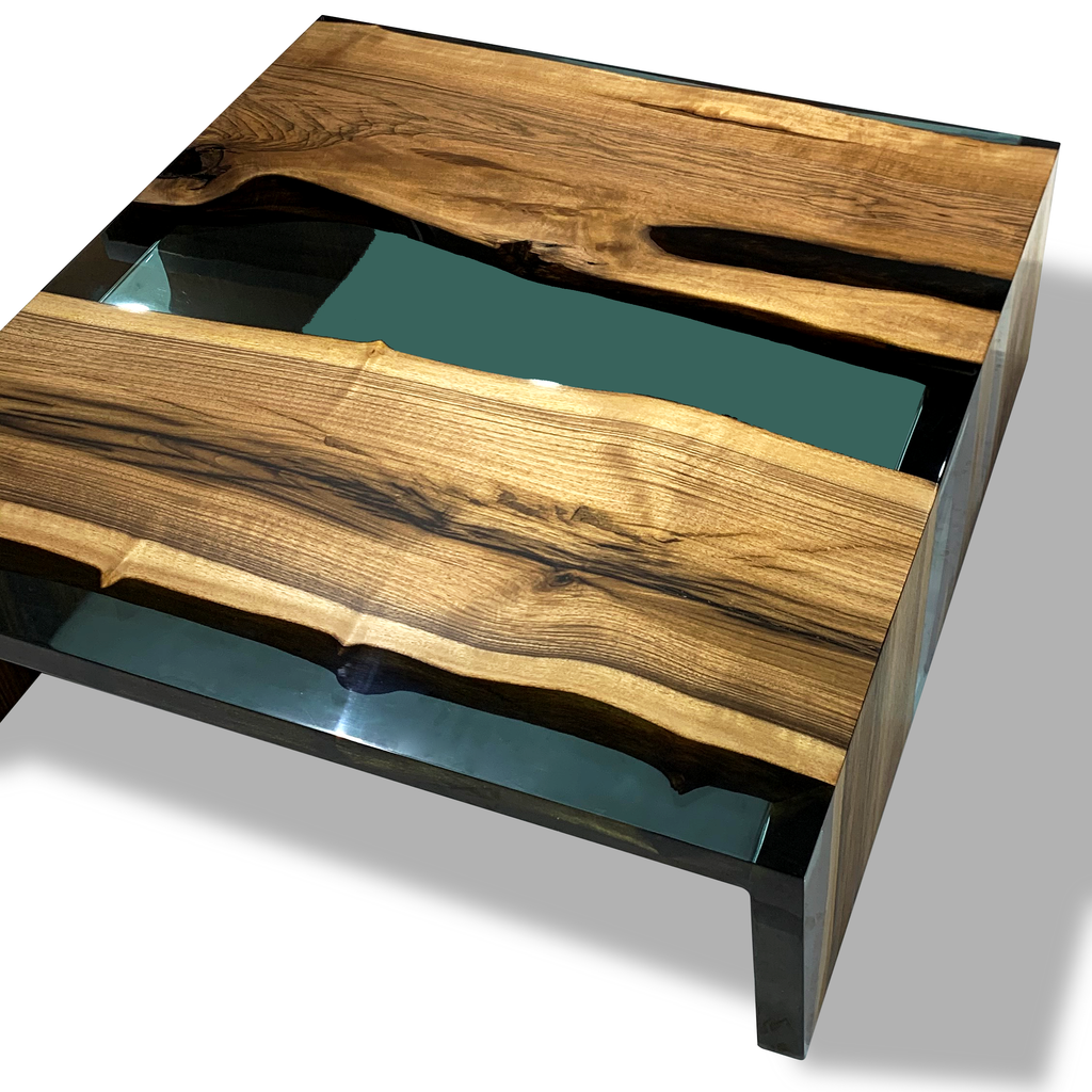Aquamarine Walnut Wood Waterfall Coffee Table with live-edge walnut slabs and teal resin river