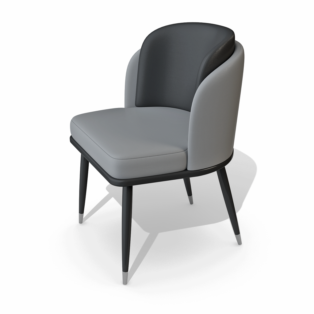 Gray Ariane Dining Chair with two-tone gray upholstery and black tapered legs with silver tips
