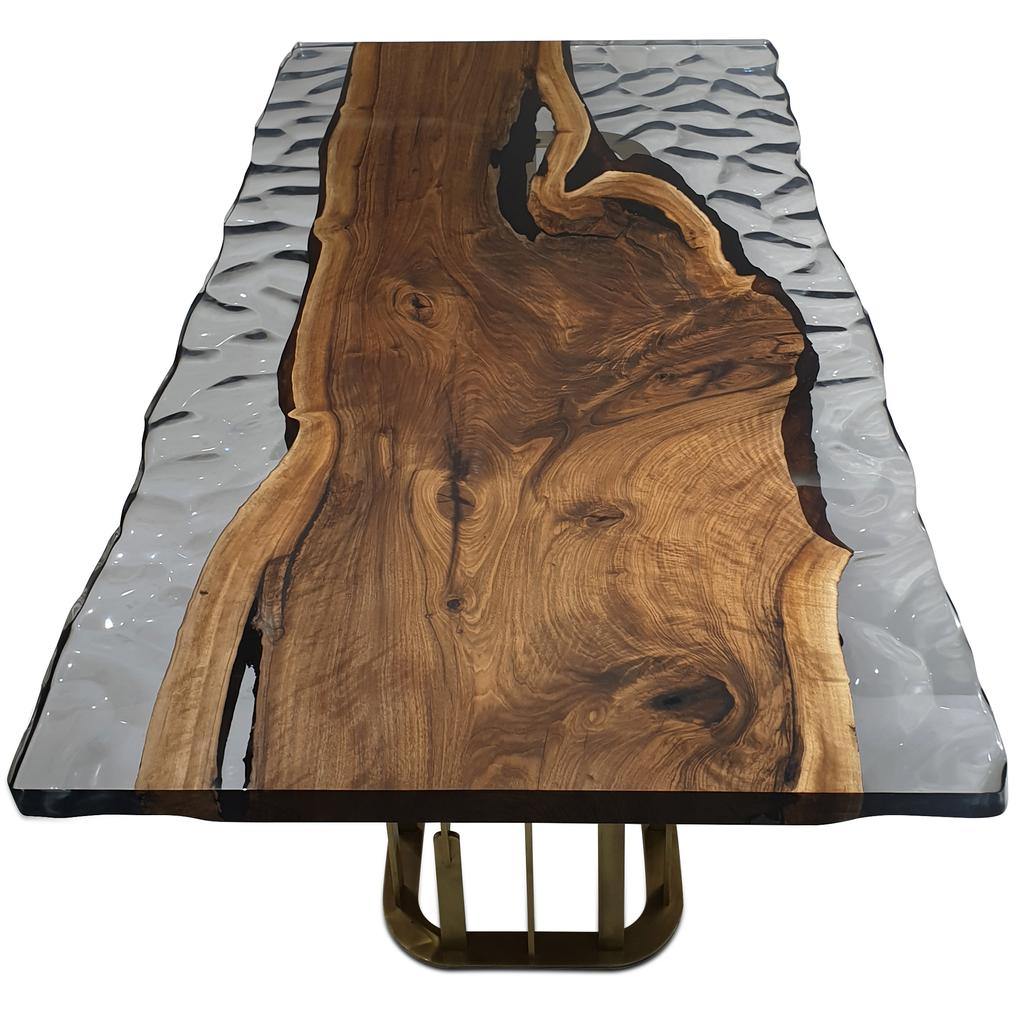 Arion Walnut Wavy Dining Table with live edge wood, resin river, and U-shaped metal base
