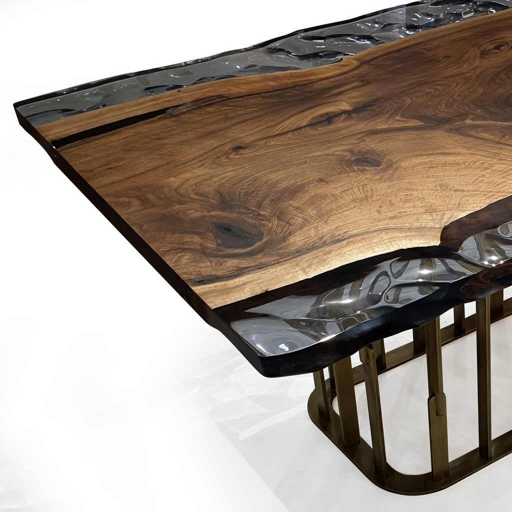 Arion Walnut Wavy Dining Table with live-edge wood, resin river, and unique metal base