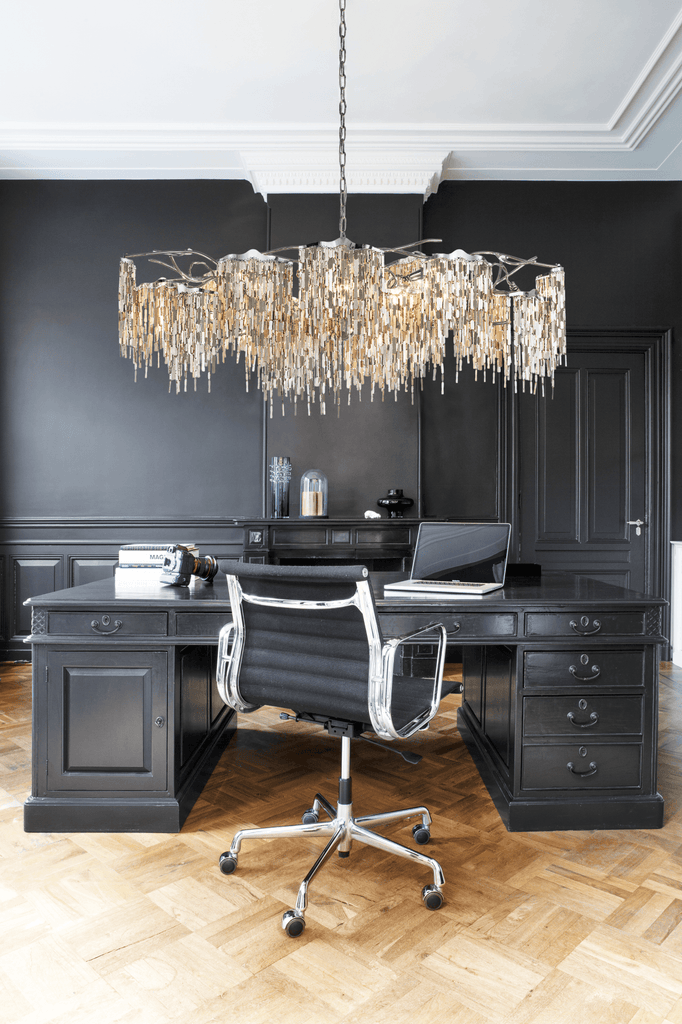 Arthur Chandelier Oval styled black executive desk with office chair and laptop