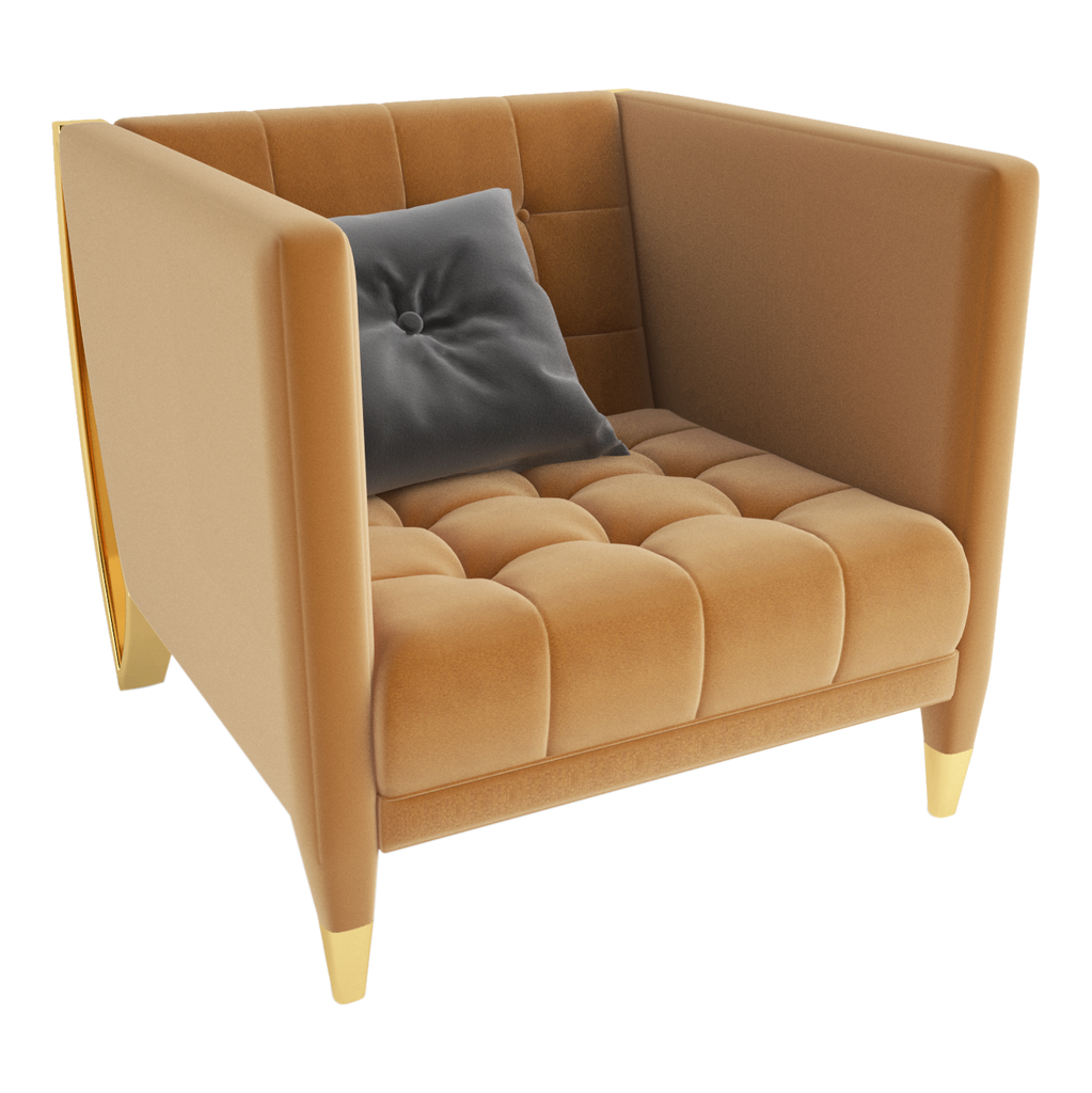 Ascot Chair with tufted velvet upholstery, gold trim, tapered gold-capped legs, leg steel accents