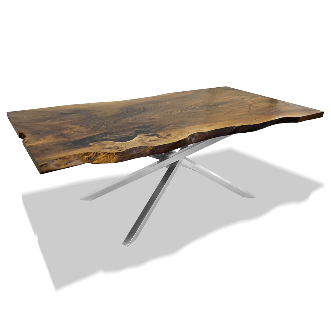 Astrea Live Edge Walnut Dining Table with a unique live edge and metal criss-cross base