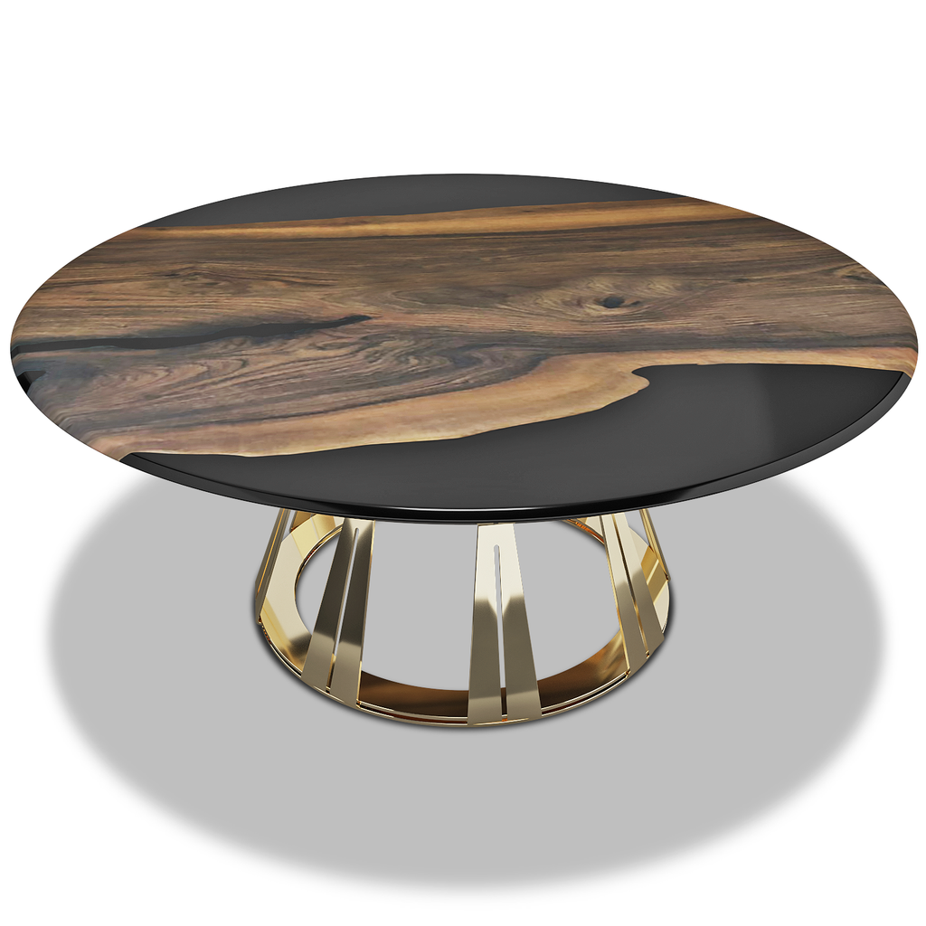 Atalante Walnut Wood Coffee Table with round resin top and gold metal base