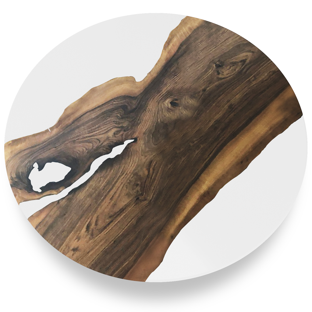 White Atalante Walnut Wood Round Dining Table with natural void and white resin inlay