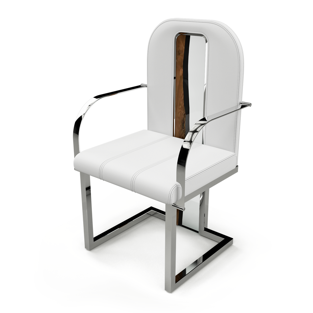 Atrani Dining Chair with white upholstery chrome frame and reflective back panel