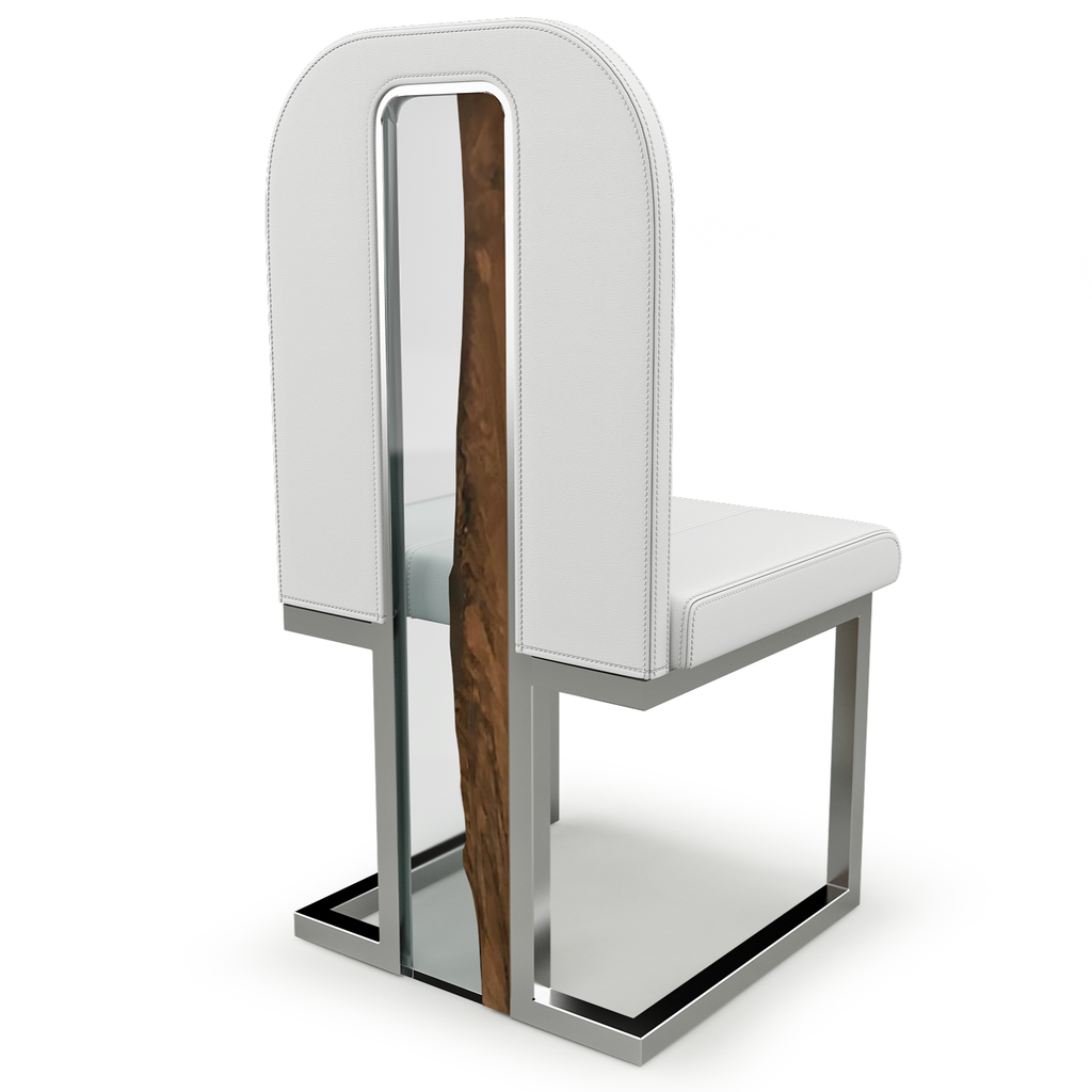 Atrani Dining Chair with white leather, chrome frame, and natural wood backrest