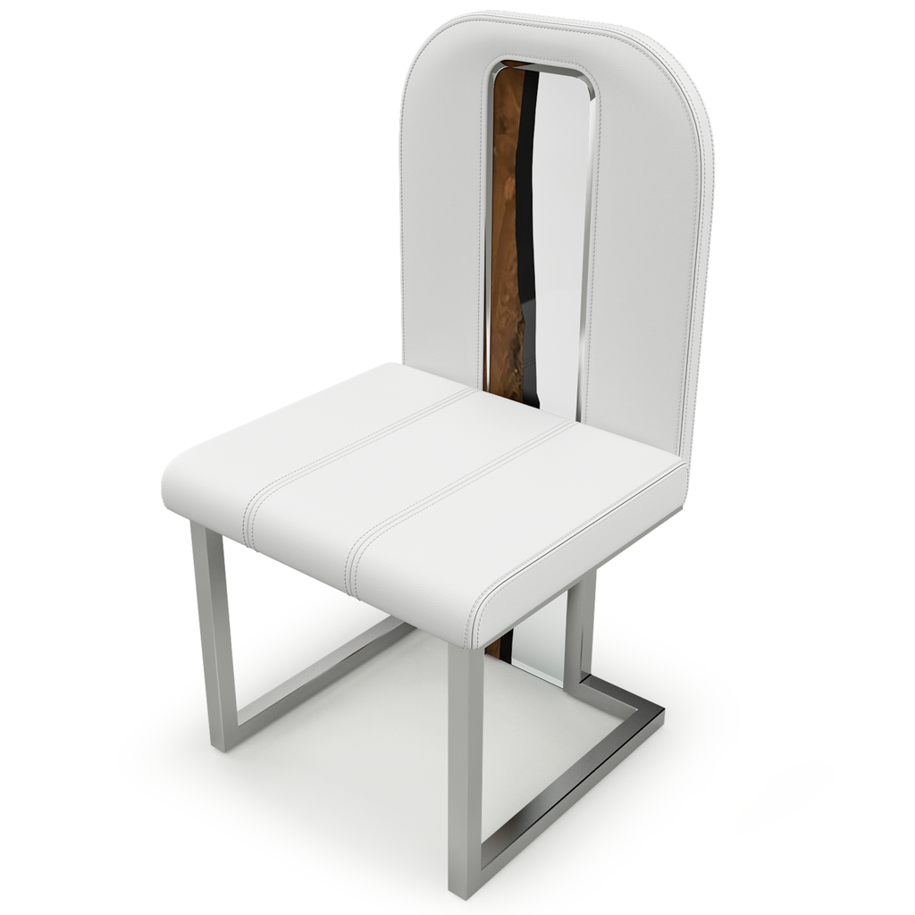 Atrani Dining Chair with white upholstery, chrome base, and wooden accent backrest