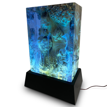 aura ocean cube lamp, ocean cube lamp, resin lamp, wooden lamp, maya blue lamp, led lamp, modern lamp, ocean-inspired decor, stunning lamp, luxury lamp