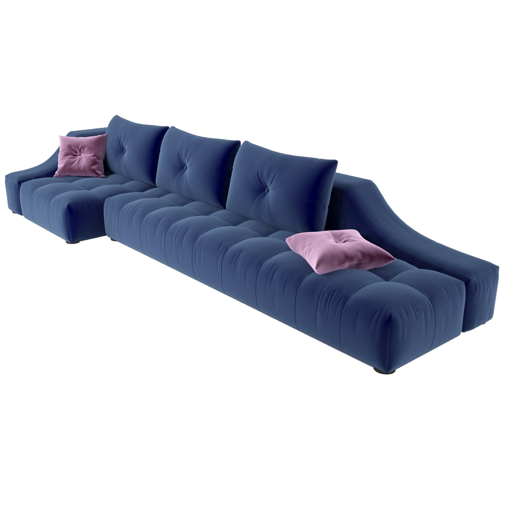 Azure Sofa featuring a long dark blue sectional with tufted cushions and pink throw pillows