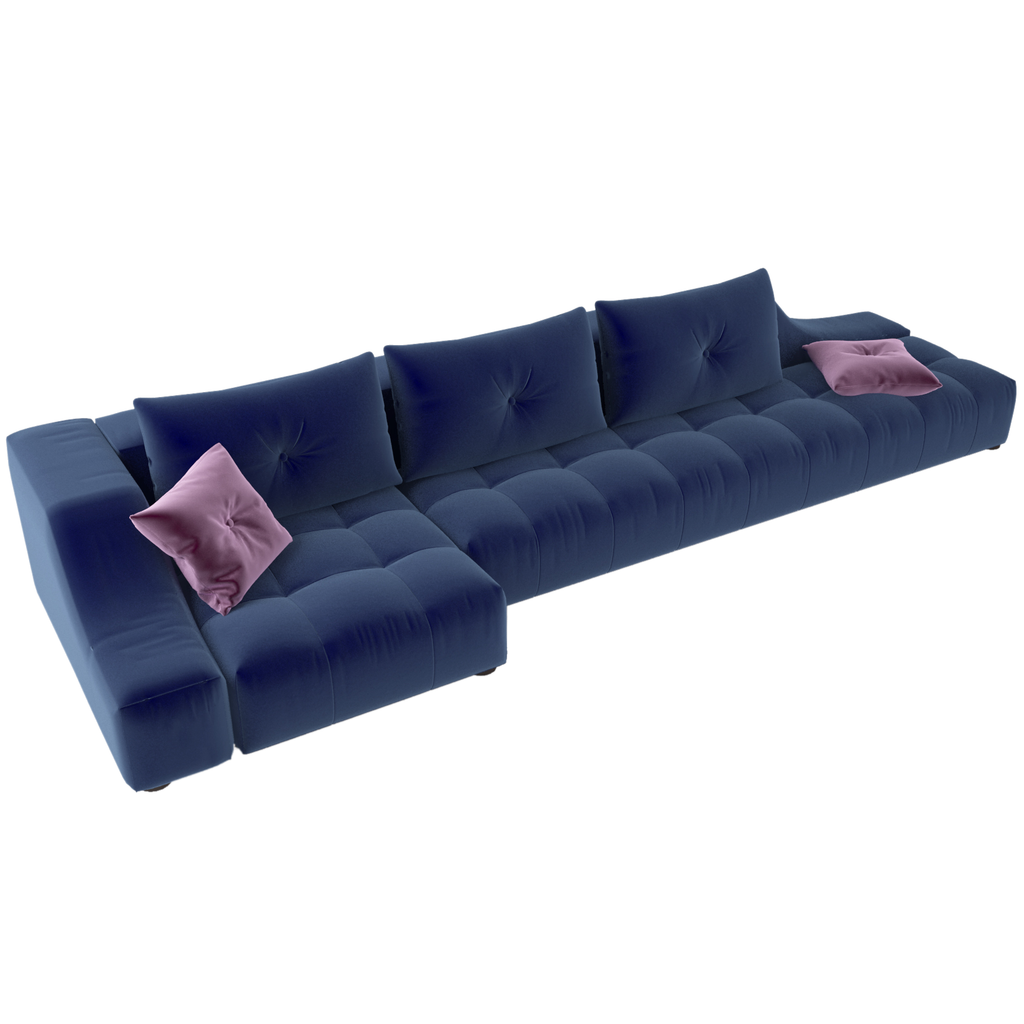 Azure Sofa blue velvet sectional with tufted cushions and accent pillows