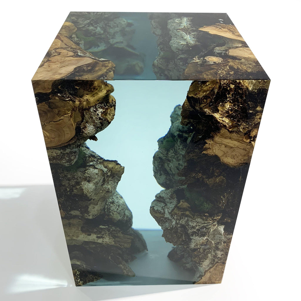 big ocean cube lamp, ocean lamp, wood and resin lamp, aqua resin lamp, matte black lamp, led lamp, white light lamp