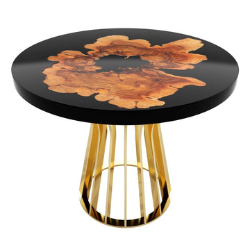 black amiata olive wood round dining table, round dining table, olive wood dining table, resin dining table, jet black dining table, brass dining table, polished brass dining table, glossy dining table, modern dining table, luxurious dining table