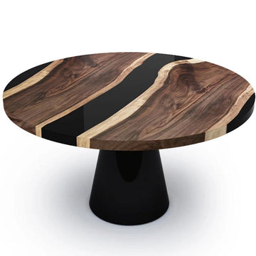 black asolo walnut round table, round dining table, walnut dining table, resin dining table, jet black dining table, stainless steel dining table, polished stainless steel dining table, glossy dining table, modern dining table, sophisticated dining table