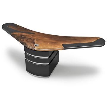 black boomerang walnut wood desk, modern desk, walnut desk, resin desk, jet black resin desk, stainless steel desk, polished stainless steel desk, glossy desk, sleek desk, sophisticated desk