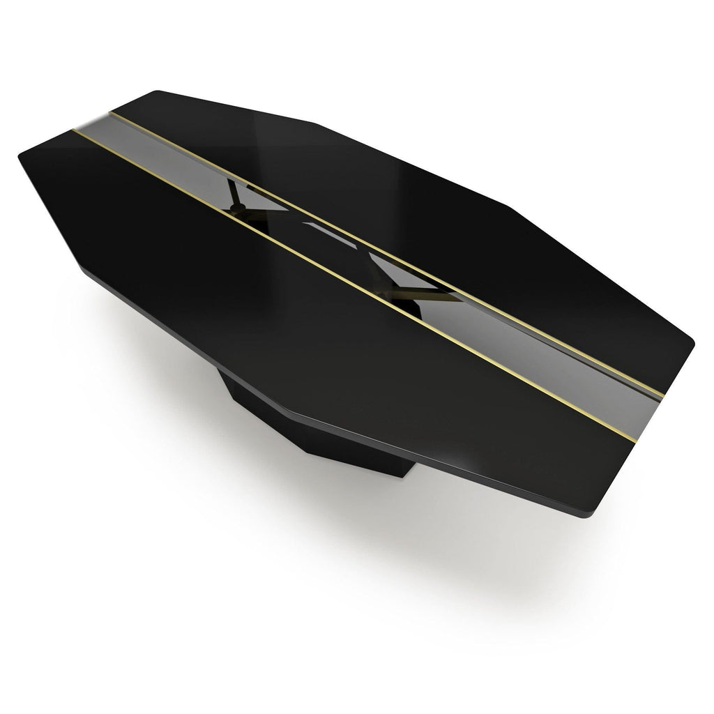 Black Line River Dining Table with polygonal design, glass center, and gold accents