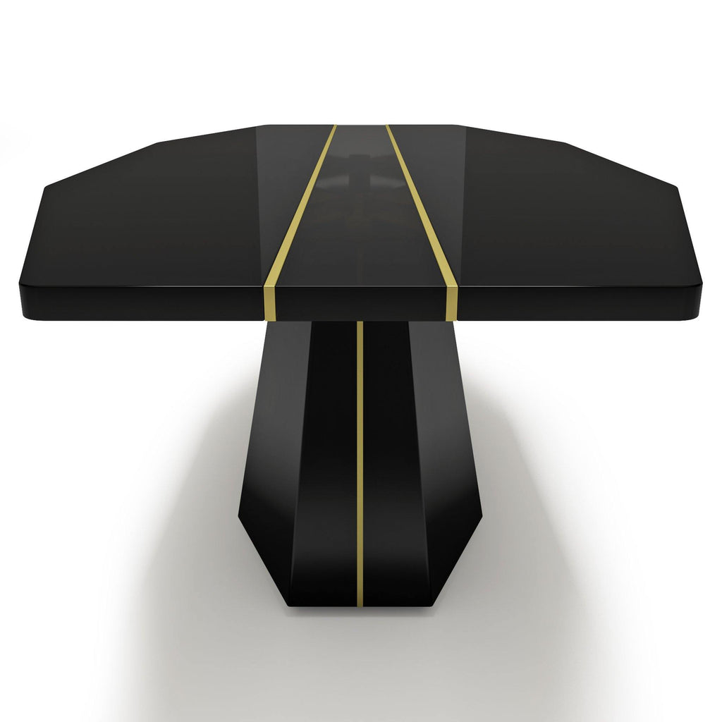 Black Line River Dining Table with glossy black finish, trapezoidal base, and gold accents